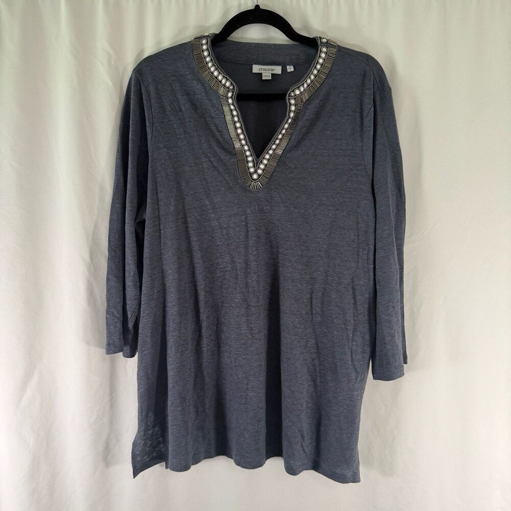Chico's 100% Linen Blouse Women's 2 Large Blue Jeweled Neckline 3/4 Sleeve